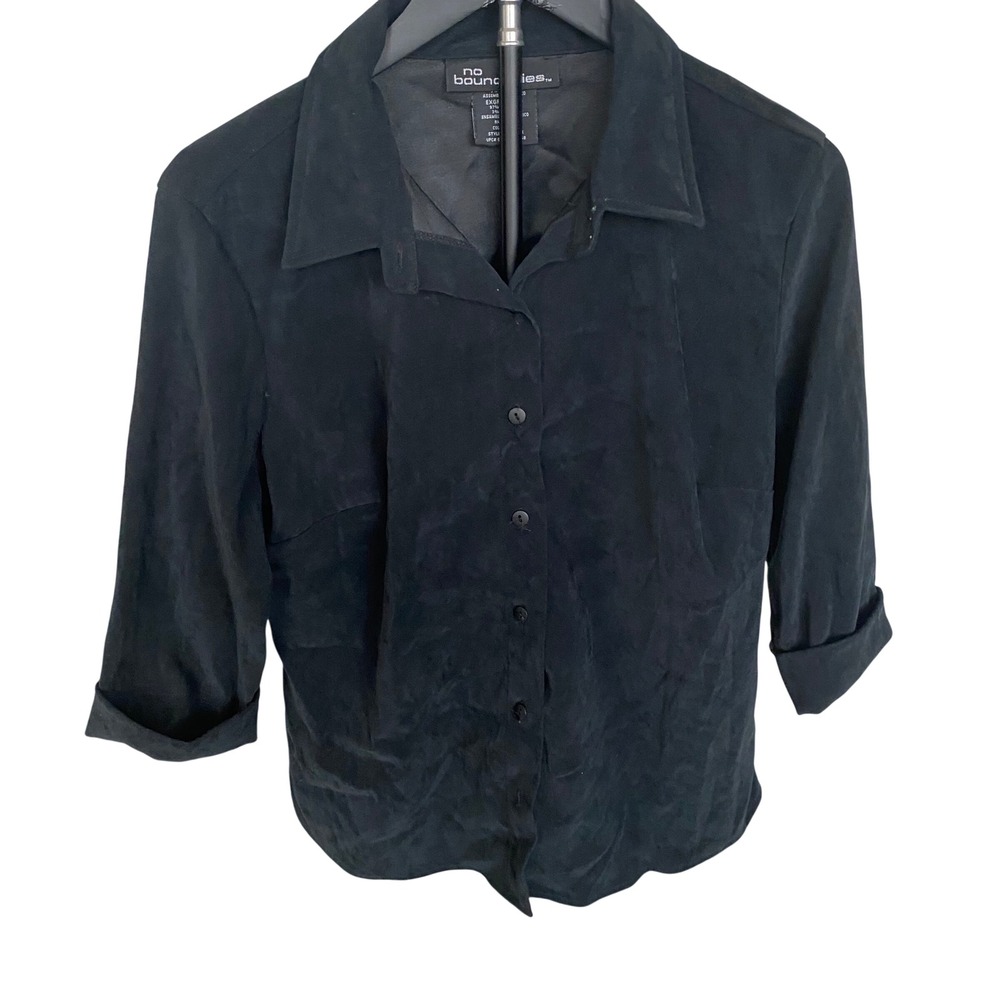 No Boundaries Womens Black Faux Suede Button Down Shirt 3/4 Sleeve Large